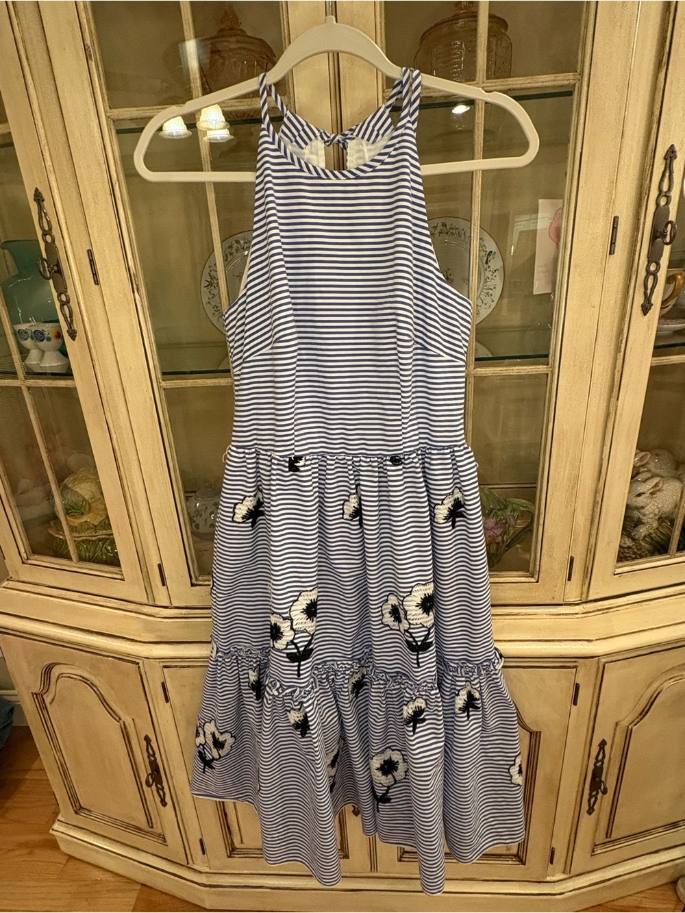 Eliza J Navy & White Striped Floral Tiered Halter Dress